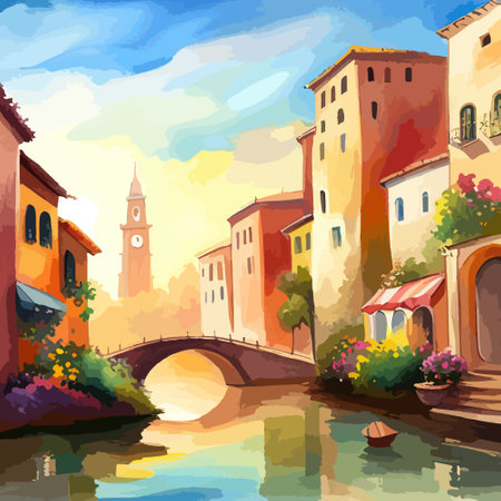 Old town street with water channel Stray vinice background, city landscape view, watercolor drawing, Vector illustration.のイラスト素材