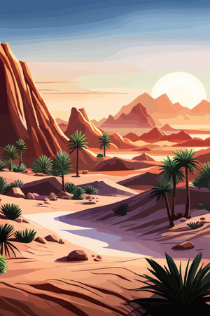 Desert background Summer with sun, sand, clouds, palms Trees Vector design style Nature Landscape.のイラスト素材