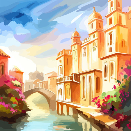Old town street with water channel Stray vinice background, city landscape view, watercolor drawing, Vector illustration.のイラスト素材