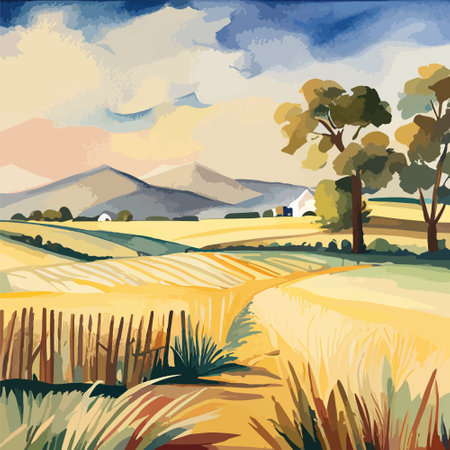 Farm on a hill with yellow or golden wheat field in a watercolor style, agriculture, cultivation, countryside, fieldのイラスト素材