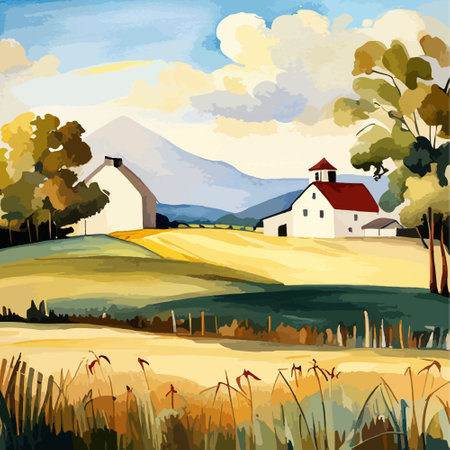 Farm on a hill with yellow or golden wheat field in a watercolor style, agriculture, cultivation, countryside, fieldのイラスト素材