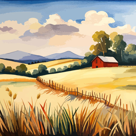 Farm on a hill with yellow or golden wheat field in a watercolor style, agriculture, cultivation, countryside, fieldのイラスト素材