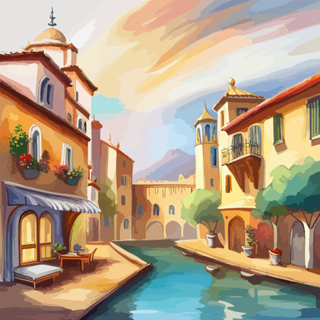 Old town street with water channel Stray vinice background, city landscape view, watercolor drawing, Vector illustration.のイラスト素材