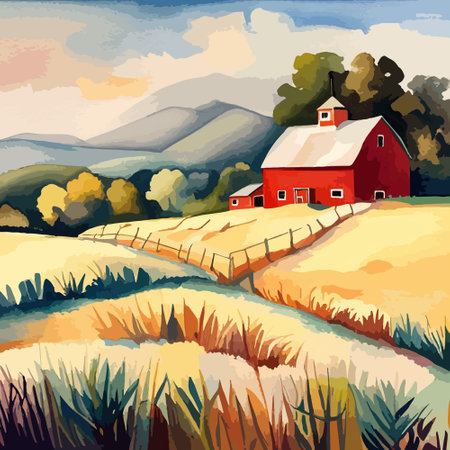 Farm on a hill with yellow or golden wheat field in a watercolor style, agriculture, cultivation, countryside, fieldのイラスト素材