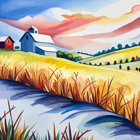 Farm on a hill with yellow or golden wheat field in a watercolor style, agriculture, cultivation, countryside, fieldのイラスト素材