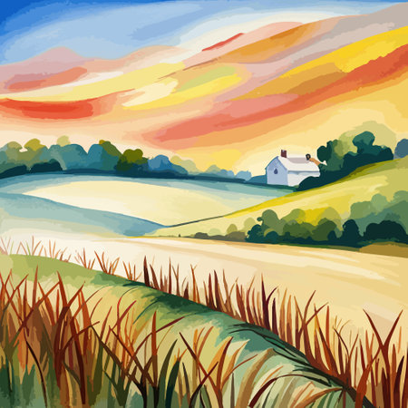 Farm on a hill with yellow or golden wheat field in a watercolor style, agriculture, cultivation, countryside, fieldのイラスト素材