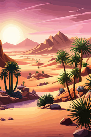 Desert background Summer with sun, sand, clouds, palms Trees Vector design style Nature Landscape.のイラスト素材