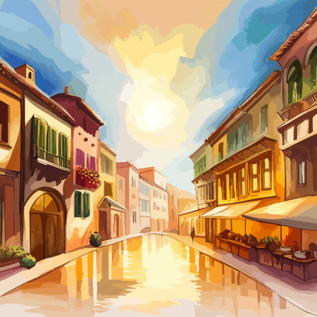 Old town street with water channel Stray vinice background, city landscape view, watercolor drawing, Vector illustration.のイラスト素材