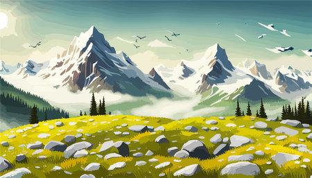 Beautiful fantasy landscape field full of spring, with color, background vector illustration. flowers against backdropのイラスト素材