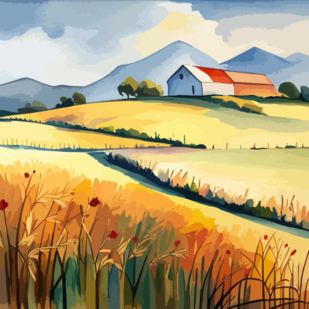 Farm on a hill with yellow or golden wheat field in a watercolor style, agriculture, cultivation, countryside, fieldのイラスト素材