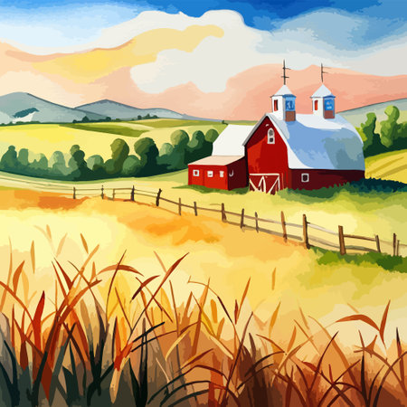 Farm on a hill with yellow or golden wheat field in a watercolor style, agriculture, cultivation, countryside, fieldのイラスト素材