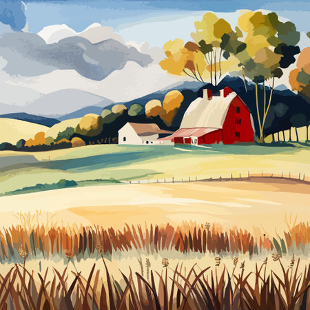 Farm on a hill with yellow or golden wheat field in a watercolor style, agriculture, cultivation, countryside, fieldのイラスト素材
