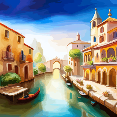 Old town street with water channel Stray vinice background, city landscape view, watercolor drawing, Vector illustration.のイラスト素材