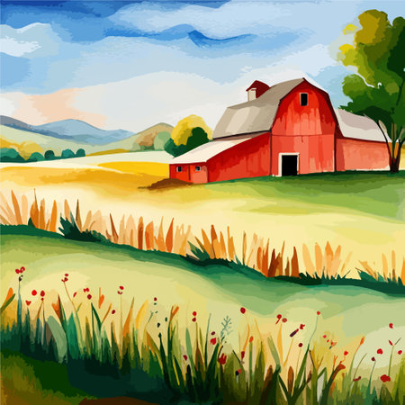 Farm on a hill with yellow or golden wheat field in a watercolor style, agriculture, cultivation, countryside, fieldのイラスト素材