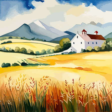 Farm on a hill with yellow or golden wheat field in a watercolor style, agriculture, cultivation, countryside, fieldのイラスト素材