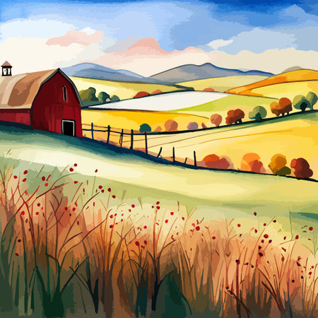 Farm on a hill with yellow or golden wheat field in a watercolor style, agriculture, cultivation, countryside, fieldのイラスト素材