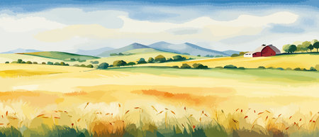 Farm on a hill with yellow or golden wheat field in a watercolor style, agriculture, cultivation, countryside, fieldのイラスト素材