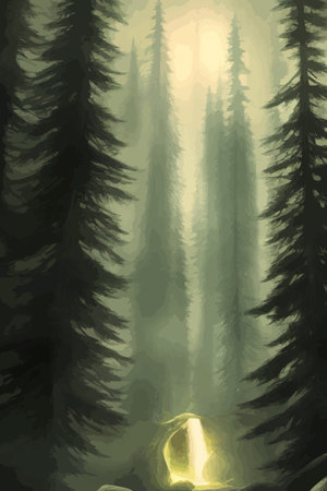 Landscape in scandinavian arctic forest, pine trees and snowy sunset, matte painting vector illustrationのイラスト素材