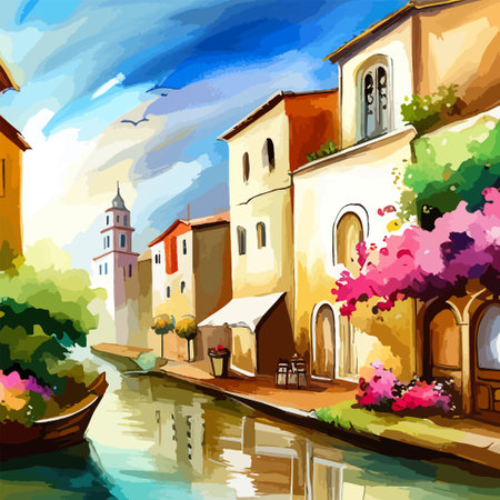 Old town street with water channel Stray vinice background, city landscape view, watercolor drawing, Vector illustration.のイラスト素材