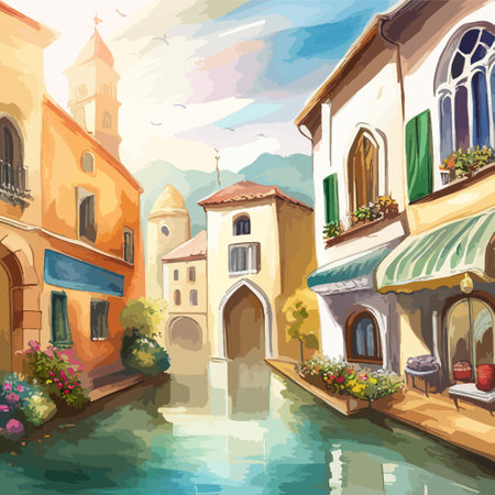 Old town street with water channel Stray vinice background, city landscape view, watercolor drawing, Vector illustration.のイラスト素材