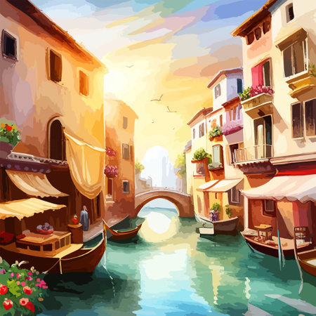 Old town street with water channel Stray vinice background, city landscape view, watercolor drawing, Vector illustration.のイラスト素材