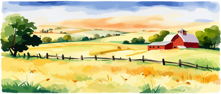 Farm on a hill with yellow or golden wheat field in a watercolor style, agriculture, cultivation, countryside, fieldのイラスト素材