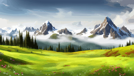 Beautiful fantasy landscape field full of spring, with color, background vector illustration. flowers against backdropのイラスト素材