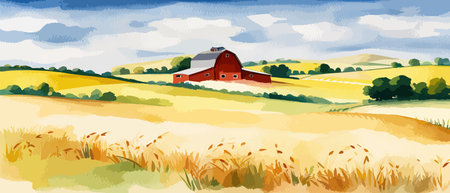 Farm on a hill with yellow or golden wheat field in a watercolor style, agriculture, cultivation, countryside, fieldのイラスト素材