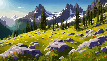 Beautiful fantasy landscape field full of spring, with color, background vector illustration. flowers against backdropのイラスト素材