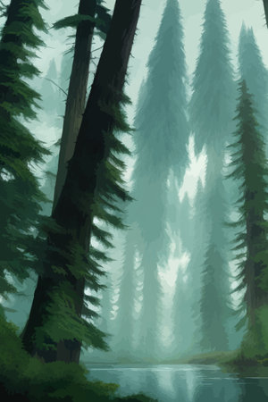 Landscape in scandinavian arctic forest, pine trees and snowy sunset, matte painting vector illustrationのイラスト素材