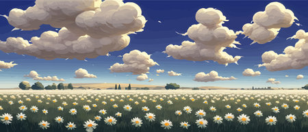 Summer landscape field daisies against backdrop mountains. Wild nature with sky with clouds sunset sun. Wild grassのイラスト素材