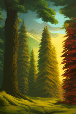 Landscape in scandinavian arctic forest, pine trees and snowy sunset, matte painting vector illustrationのイラスト素材