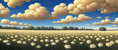 Summer landscape field daisies against backdrop mountains. Wild nature with sky with clouds sunset sun. Wild grassのイラスト素材