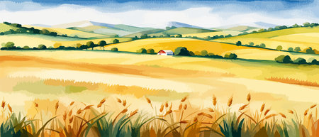 Farm on a hill with yellow or golden wheat field in a watercolor style, agriculture, cultivation, countryside, fieldのイラスト素材