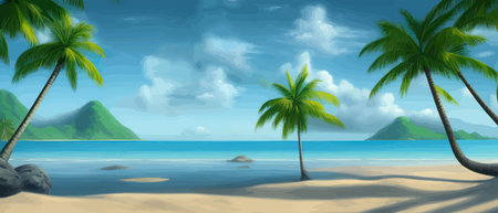 Stunning tropical beach with crystal clear water, palm trees, and blue sky, with copy space. Summer landscapeのイラスト素材