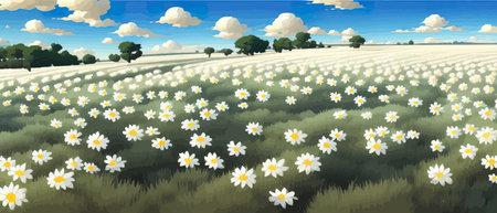 Summer landscape field daisies against backdrop mountains. Wild nature with sky with clouds sunset sun. Wild grassのイラスト素材