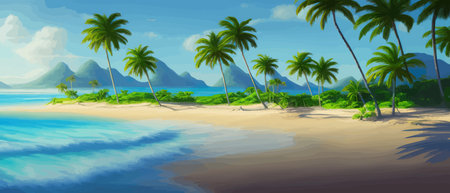 Stunning tropical beach with crystal clear water, palm trees, and blue sky, with copy space. Summer landscapeのイラスト素材