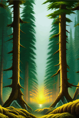 Landscape in scandinavian arctic forest, pine trees and snowy sunset, matte painting vector illustrationのイラスト素材