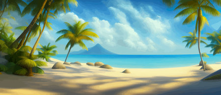 Stunning tropical beach with crystal clear water, palm trees, and blue sky, with copy space. Summer landscapeのイラスト素材