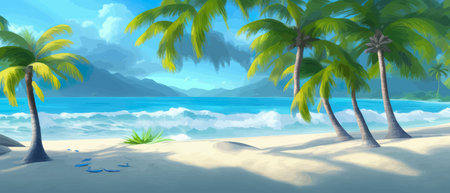 Stunning tropical beach with crystal clear water, palm trees, and blue sky, with copy space. Summer landscapeのイラスト素材