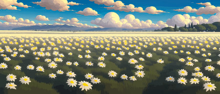 Summer landscape field daisies against backdrop mountains. Wild nature with sky with clouds sunset sun. Wild grassのイラスト素材