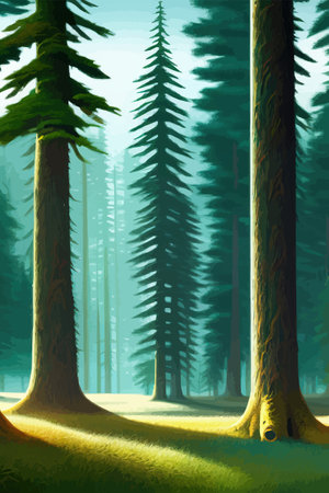 Landscape in scandinavian arctic forest, pine trees and snowy sunset, matte painting vector illustrationのイラスト素材