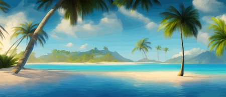 Stunning tropical beach with crystal clear water, palm trees, and blue sky, with copy space. Summer landscapeのイラスト素材
