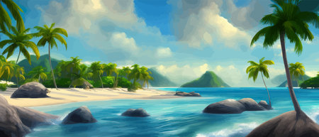 Stunning tropical beach with crystal clear water, palm trees, and blue sky, with copy space. Summer landscapeのイラスト素材