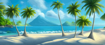 Stunning tropical beach with crystal clear water, palm trees, and blue sky, with copy space. Summer landscapeのイラスト素材