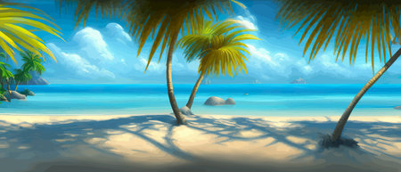 Stunning tropical beach with crystal clear water, palm trees, and blue sky, with copy space. Summer landscapeのイラスト素材