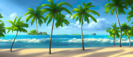 Stunning tropical beach with crystal clear water, palm trees, and blue sky, with copy space. Summer landscapeのイラスト素材