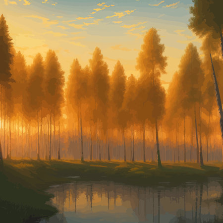 Vector illustration Autumn landscape golden alley park of birches near a pond , contemporary art impressionism abstractのイラスト素材