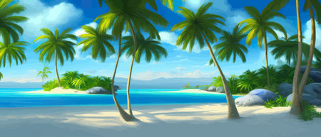 Stunning tropical beach with crystal clear water, palm trees, and blue sky, with copy space. Summer landscapeのイラスト素材