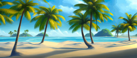 Stunning tropical beach with crystal clear water, palm trees, and blue sky, with copy space. Summer landscapeのイラスト素材